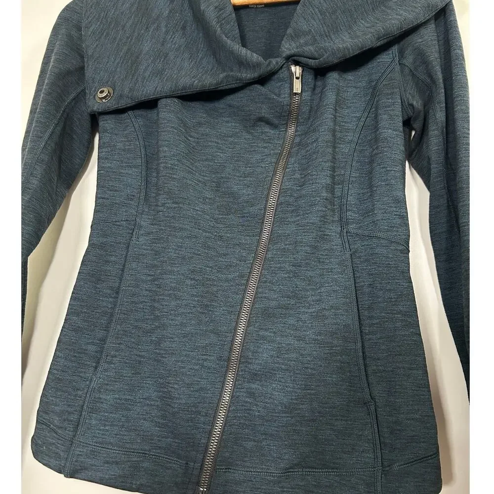 Lucy‎ Women's Hatha XS Asymmetrical Zip Up Jacket Funnel Neck Teal Heathered